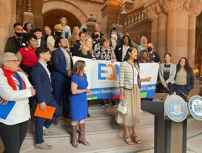 J. Leigh Oshiro-Brantly and Melissa Broudo join other advocates for a press conference during Equality New York’s Advocacy Day. J. Leigh Oshiro-Brantly and Melissa Broudo join other advocates for a press conference during Equality New York’s Advocacy Day.