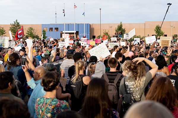 Hundreds of protestors assembled for a march at the GEO facility, July 12, in Aurora, Colorado. Photo by Philip B. Poston/Sentinel Colorado