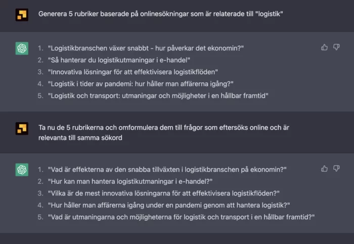 chat-boten genererar rubriker