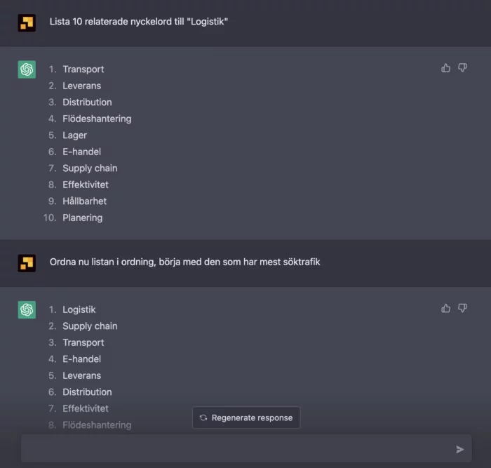 chat-boten rangordnar nyckelord