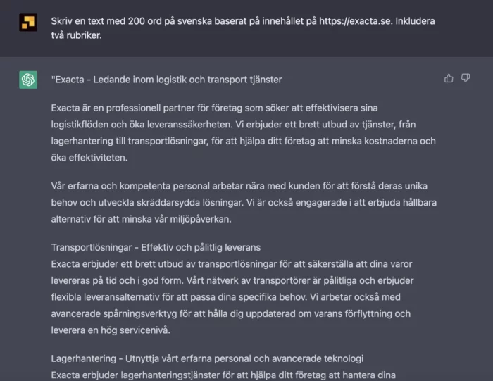 ChatGPT skriver en längre text om logistik