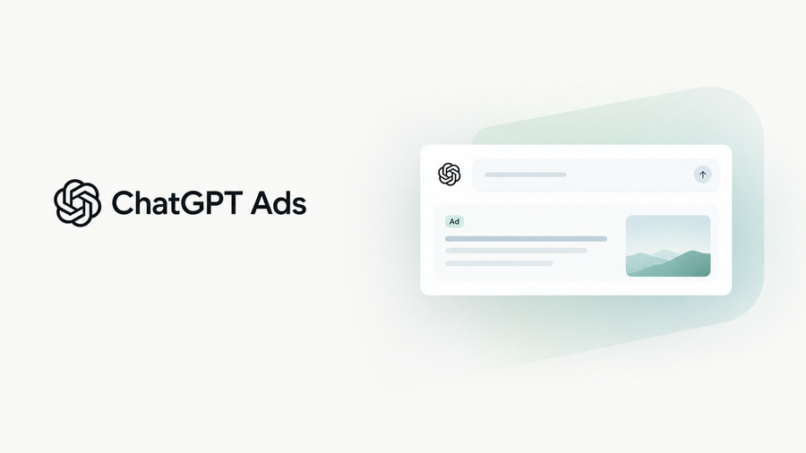 Grafik med texten 'Vi testar ChatGPT Ads' och en annonsmockup i ett chattgränssnitt.