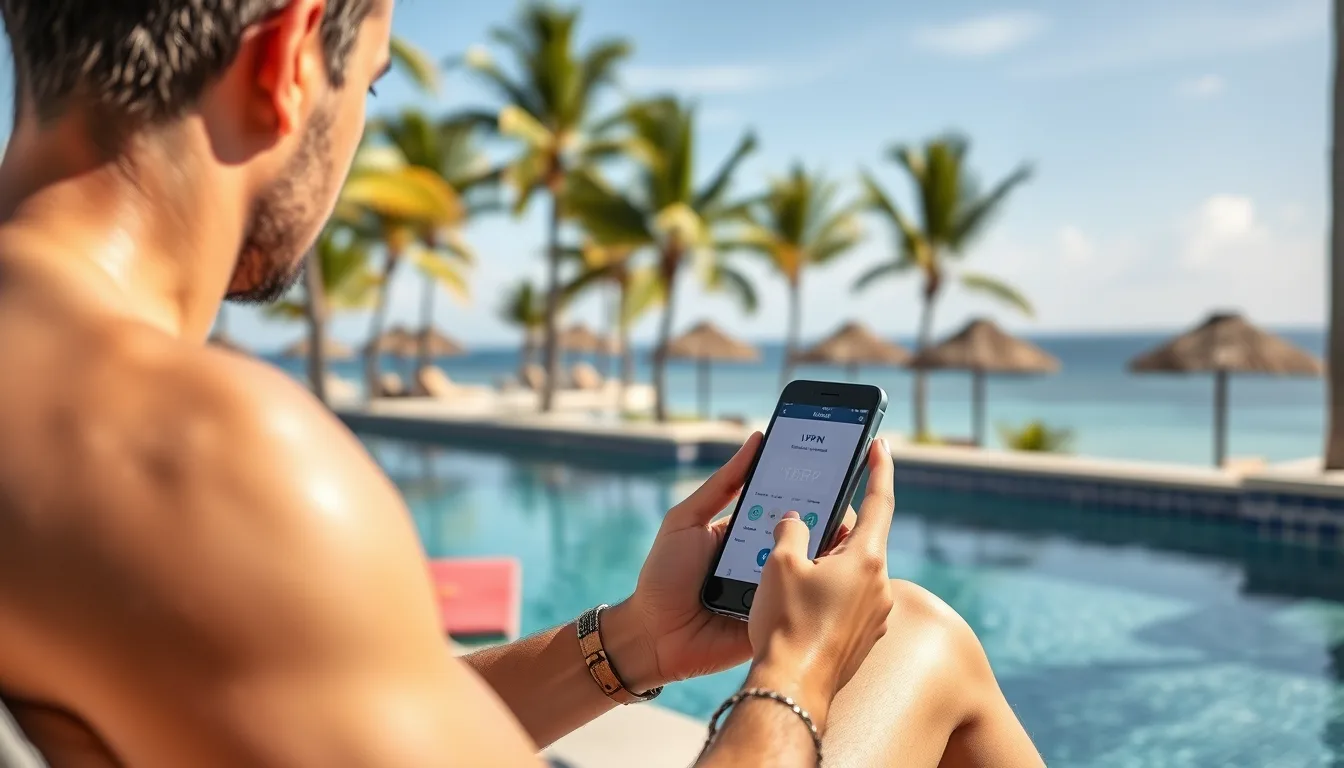 A traveler at a resort using a smartphone while sitting by the pool with a peaceful background of palm trees