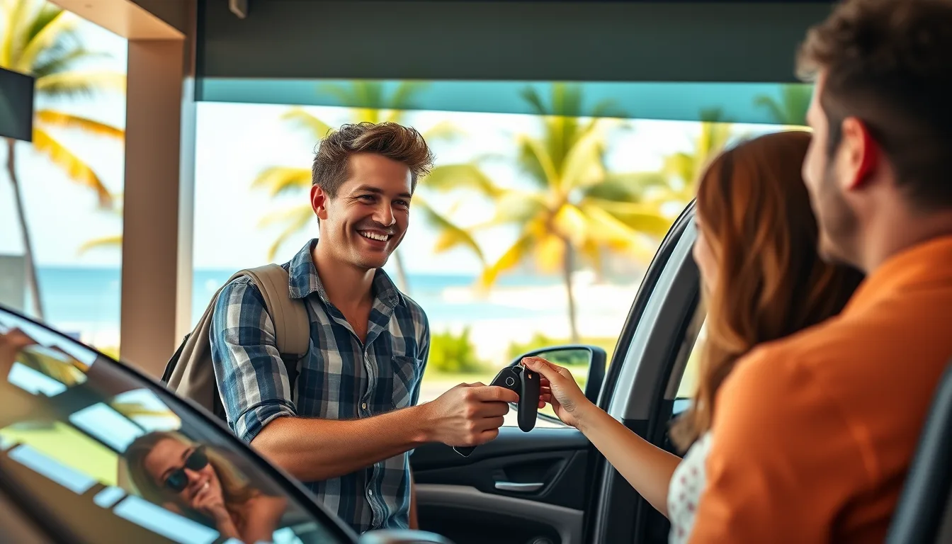 Create an image of a traveler at a car rental counter in a resort destination The traveler is smiling as he accepts the keys