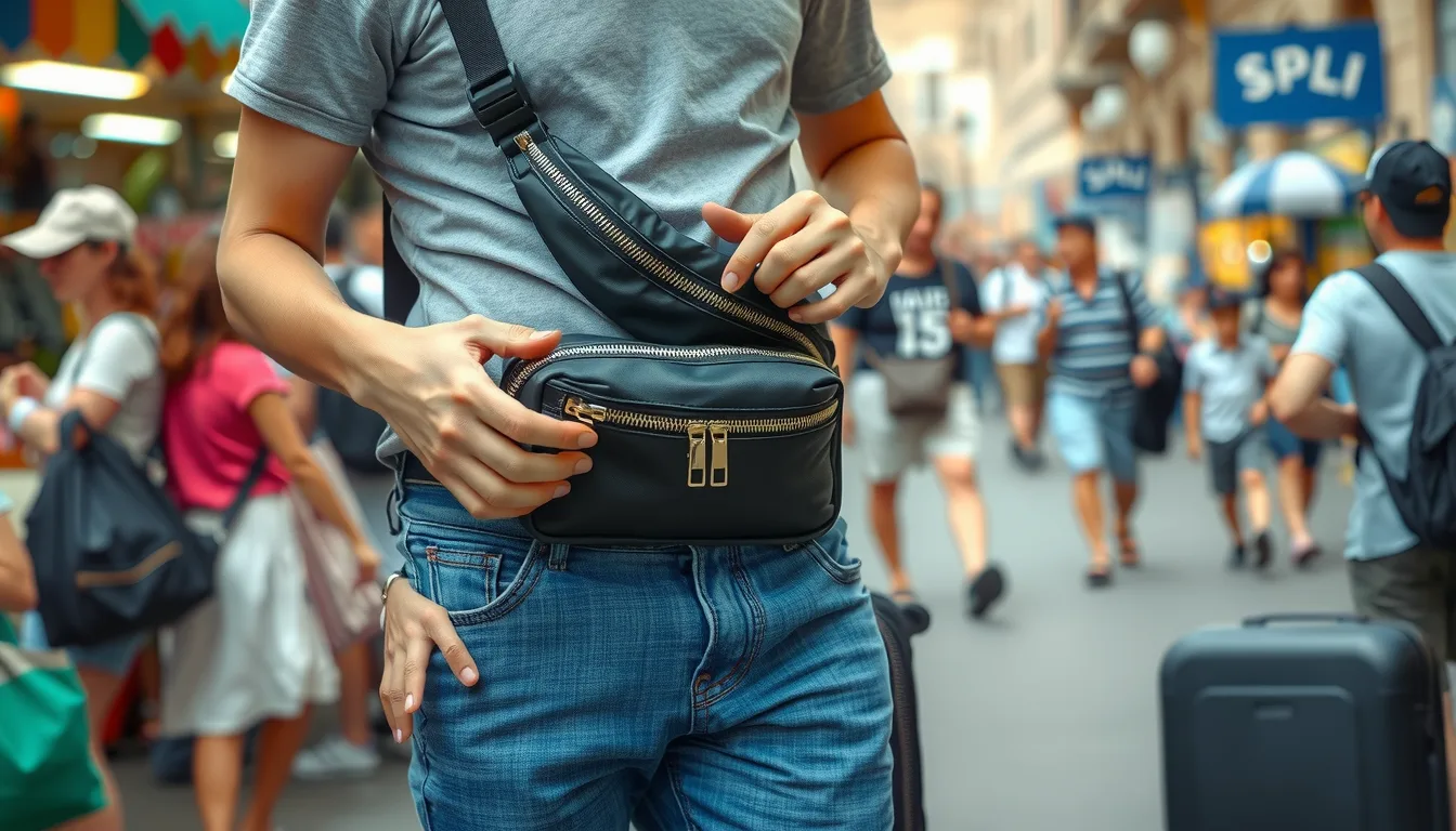 an image of a traveler standing in a busy tourist spot such as a market or a crowded city street