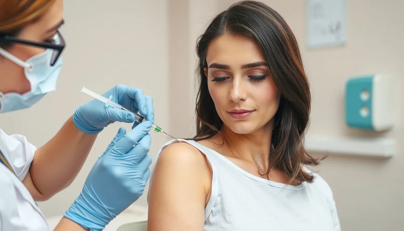 an image of a woman receiving a vaccination shot in her arm at a clean and professional medical setting