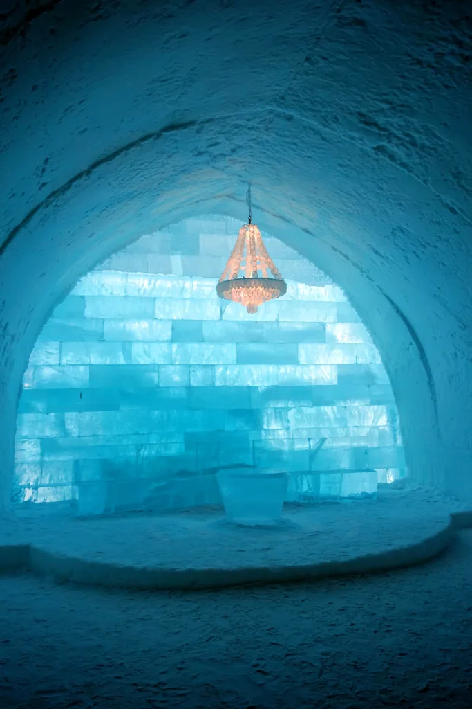 ice hotel with lighted chandelier