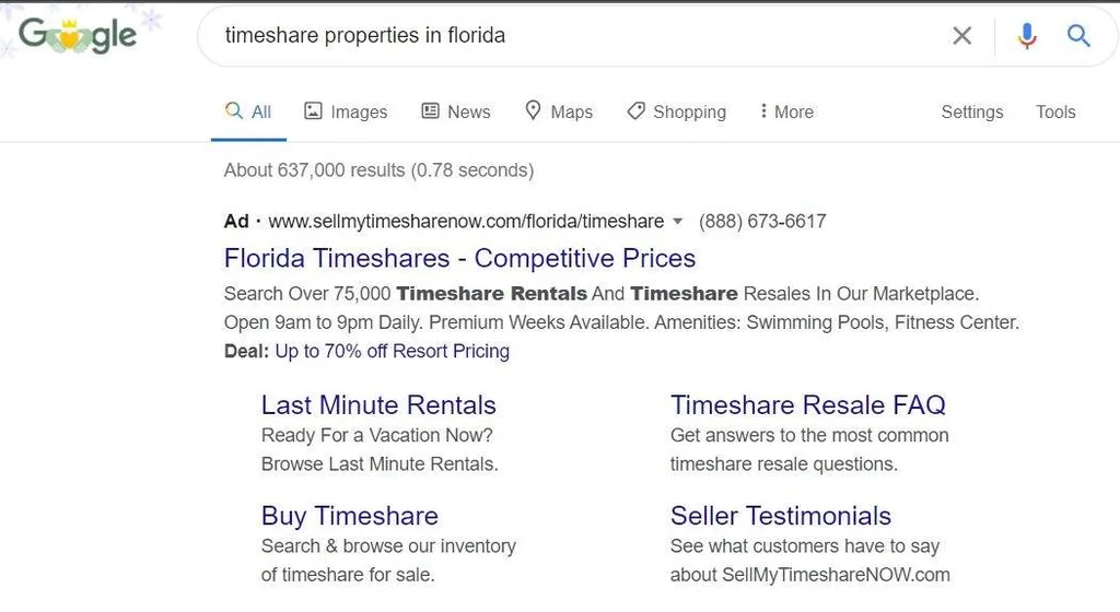 google timeshare search result