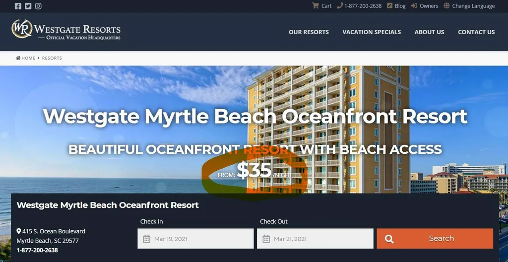 screenshot of booking page for westgate resort