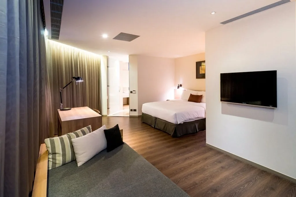 resort room with blinds closed