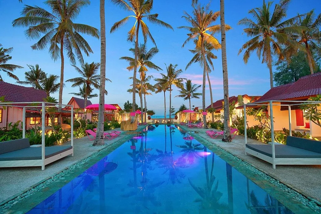 long tropical pool surrounded by palm trees