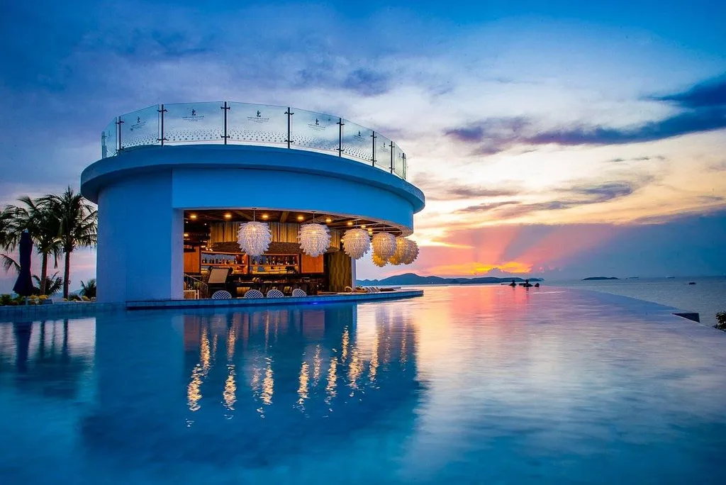 resort pool bar surrounded by water