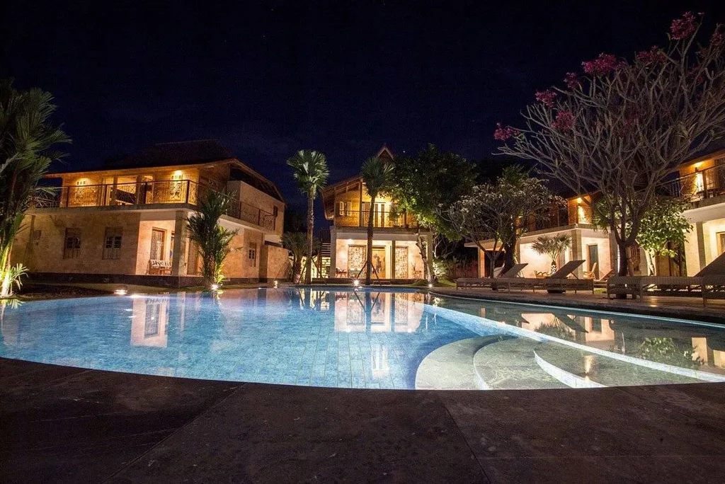 lighted resort pool at night