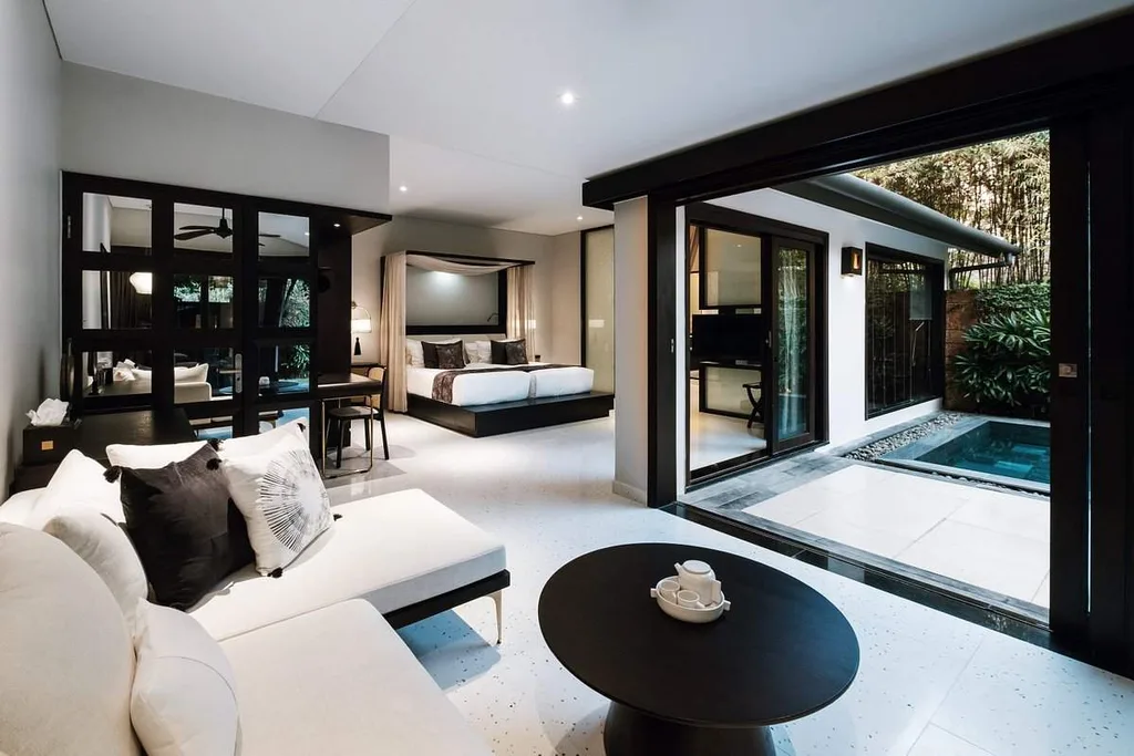 resort room with bed in background