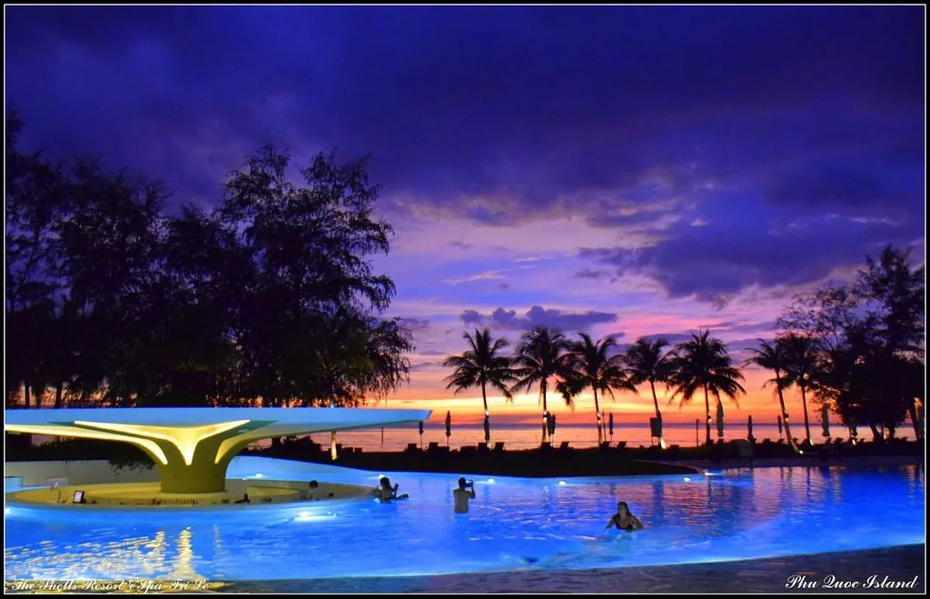 pool with palm trees with purple sky