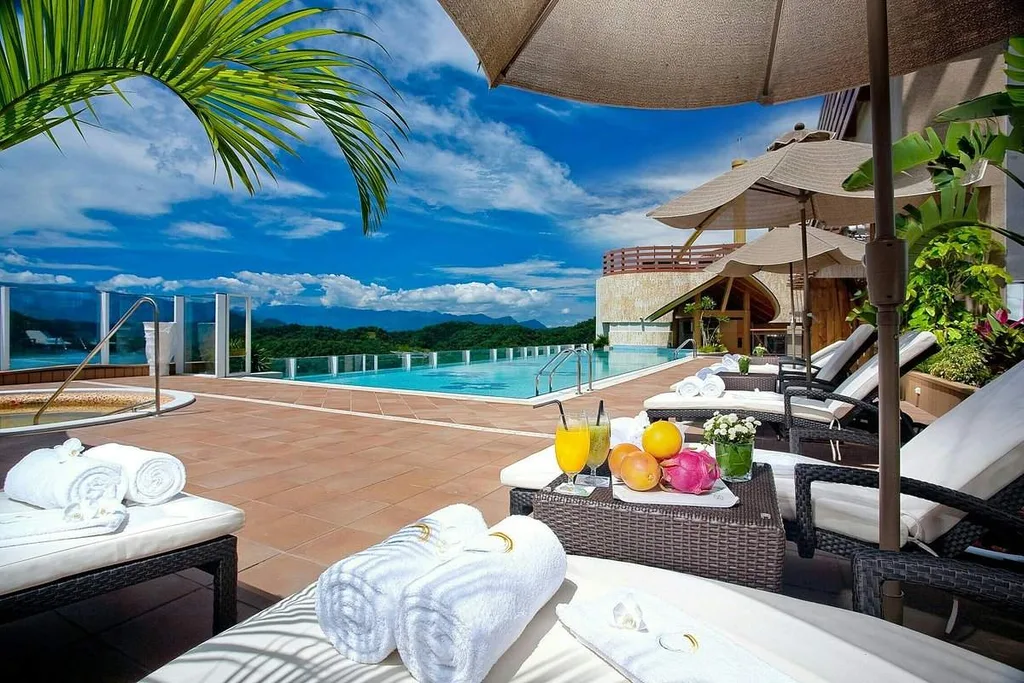 3 lawn chairs under 3 umbrellas behind square pool