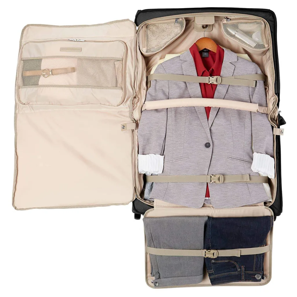 open garment bag with clothes in it