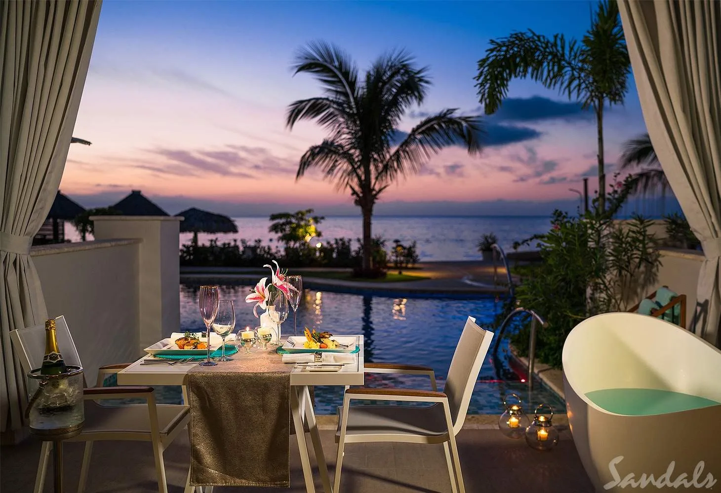 cabana room over water with palm trees