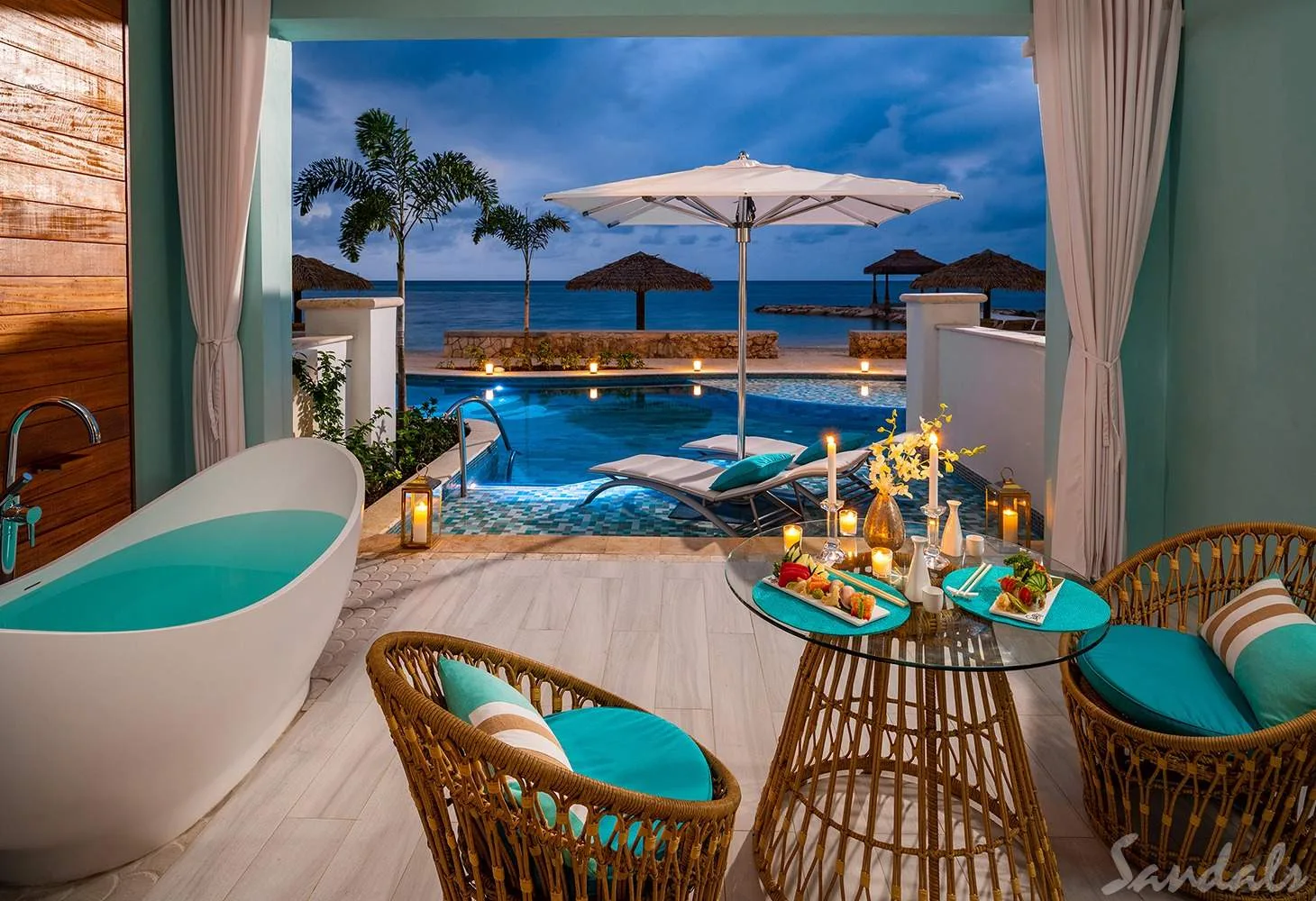 bungalow over water at night