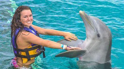 teenage girl holding hands with dolphin