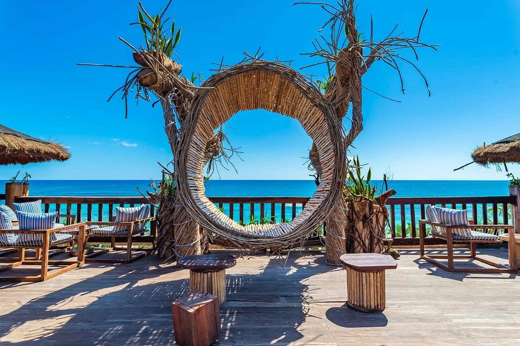 resort patio with circular sculpture