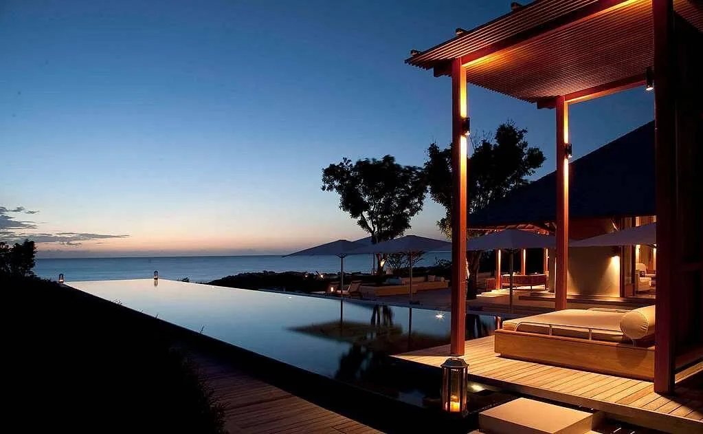 glassy pool at dusk