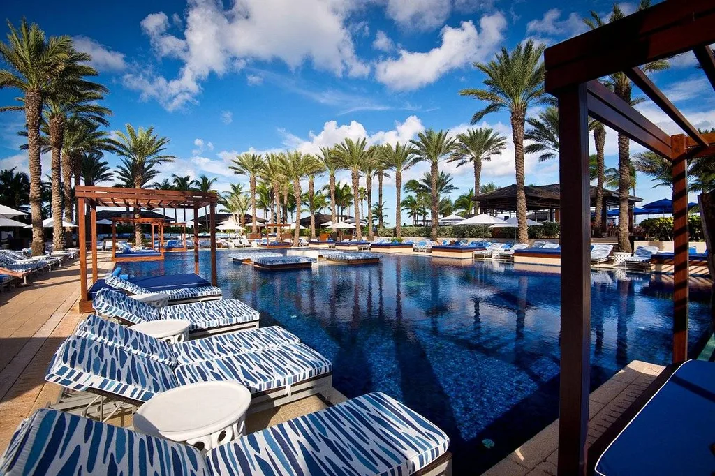 rectangle resort pool surrounded by lounge chairs and palm trees