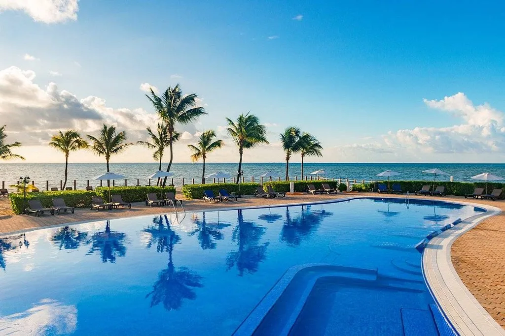resort pool at ocean reflecting palm trees