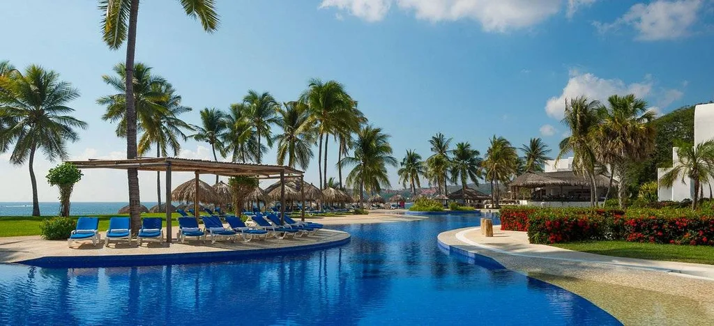 curved resort pool with lounge chairs and palm trees