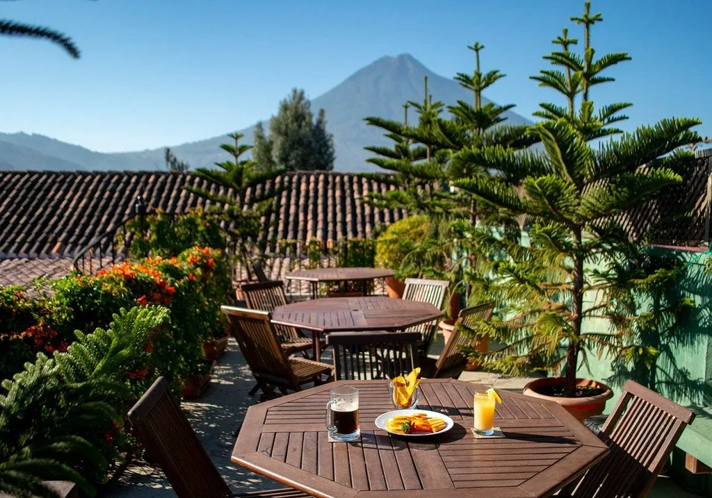 three tables and chairs with trees