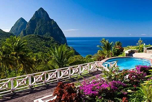 pool on deck with mountain in background