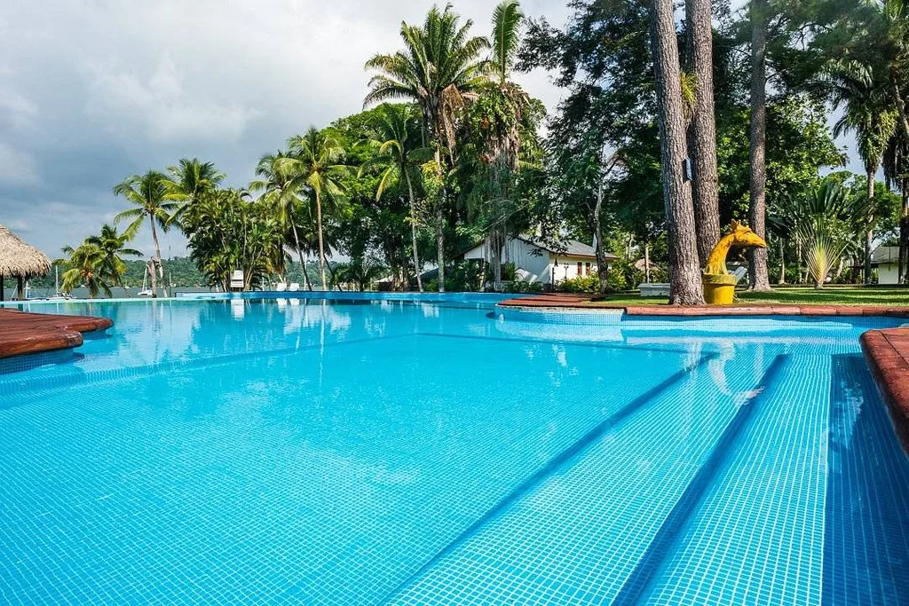 huge resort pool surrounded by palm trees