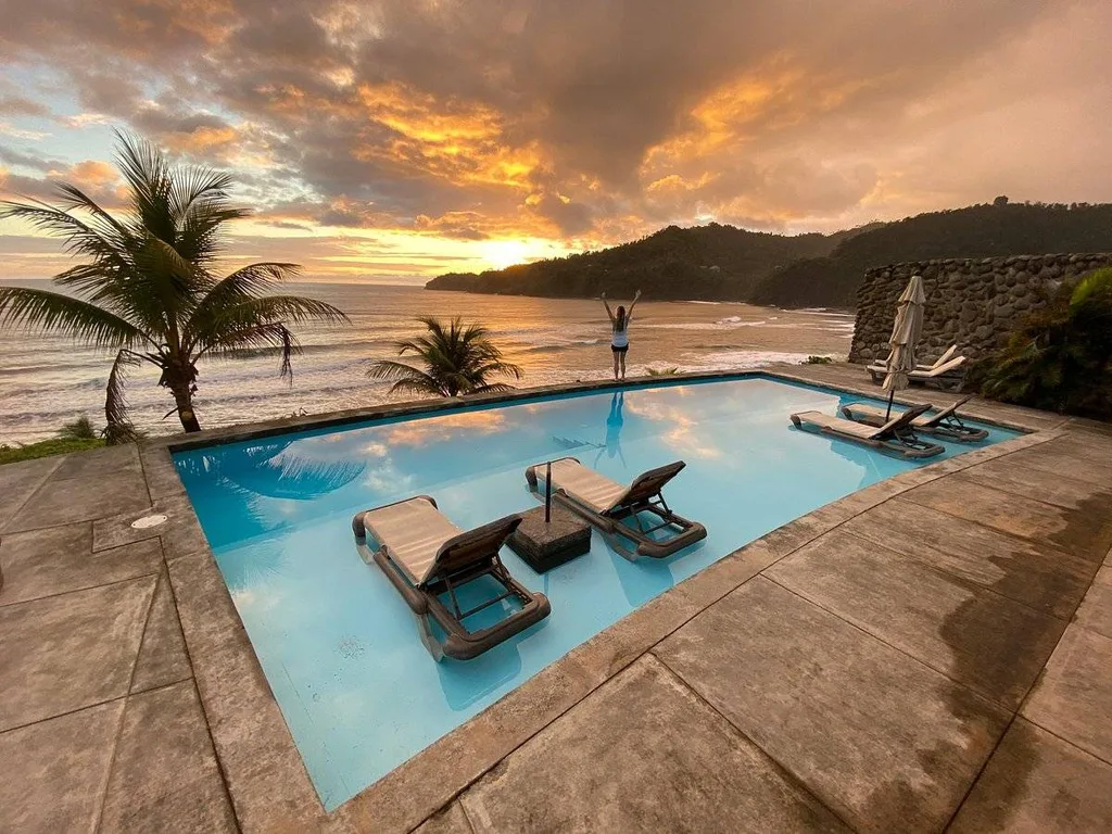 rectangle pool with lounge chairs and palm trees