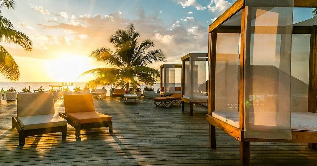 large wooden patio at sunset