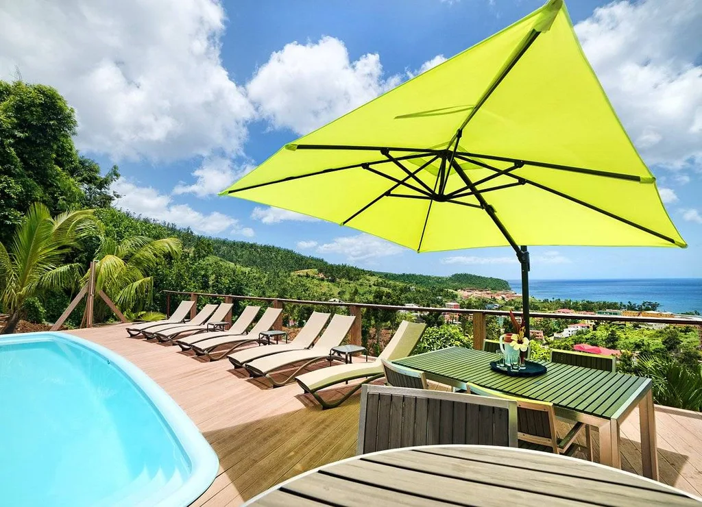 yellow umbrellas and lounge chairs around pool