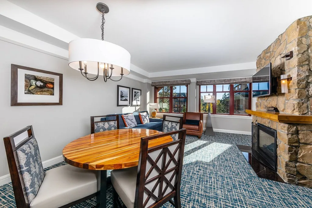 large resort room living area with bright walls