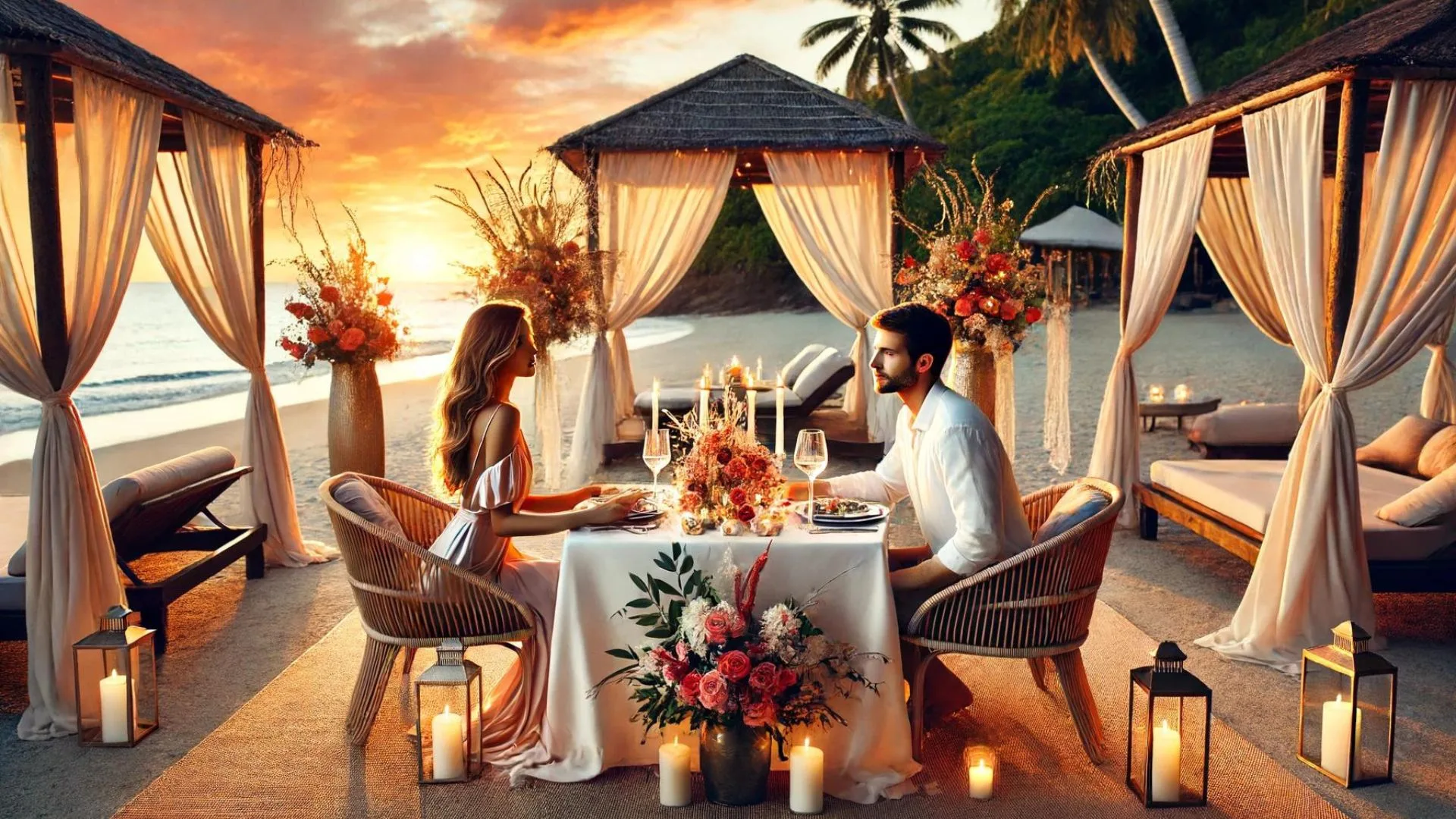 A woman and a man enjoying a romantic dinner on a beach