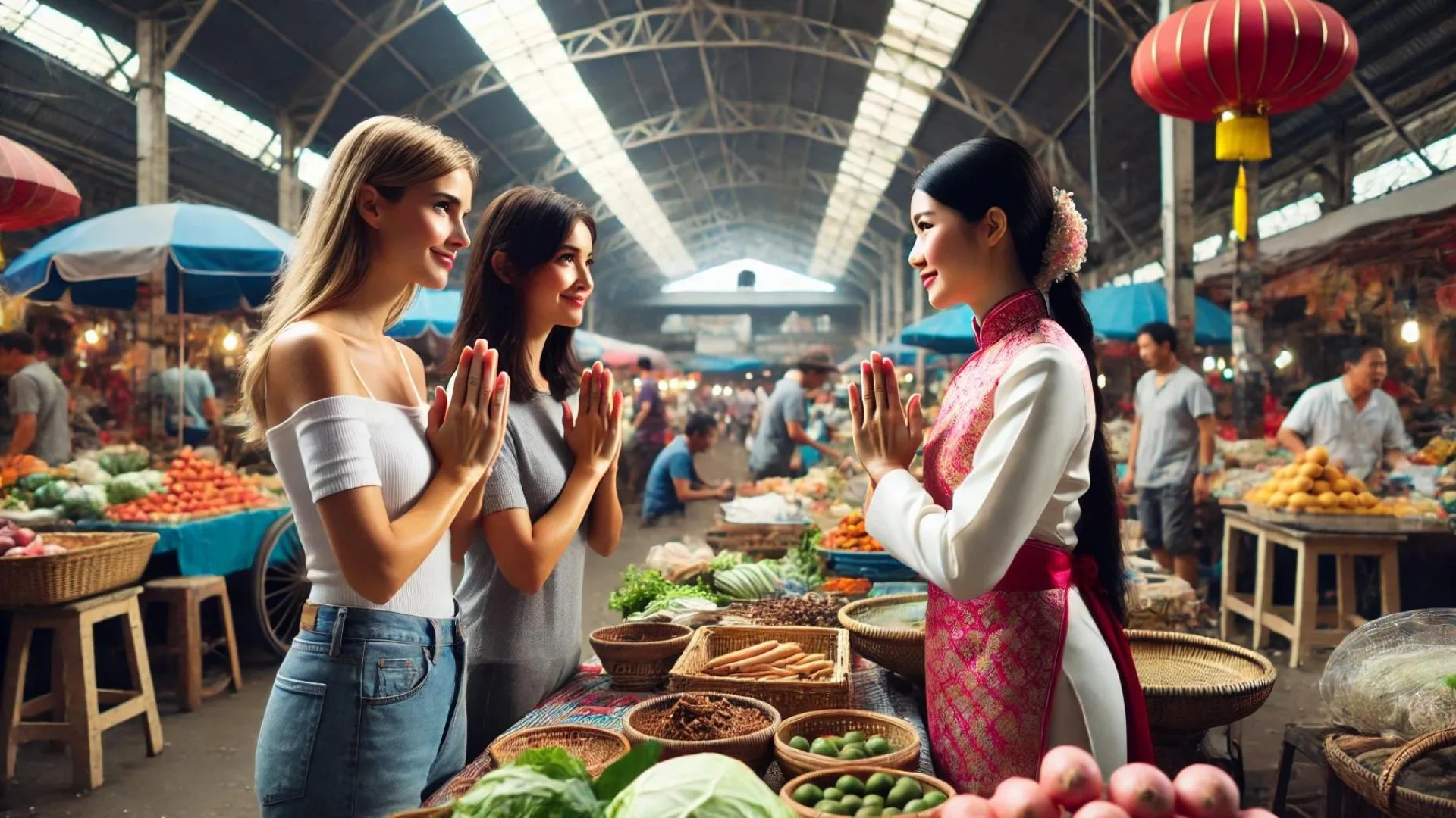 A scene in an open market showing two beautiful white women interacting with a female Asian shop owner