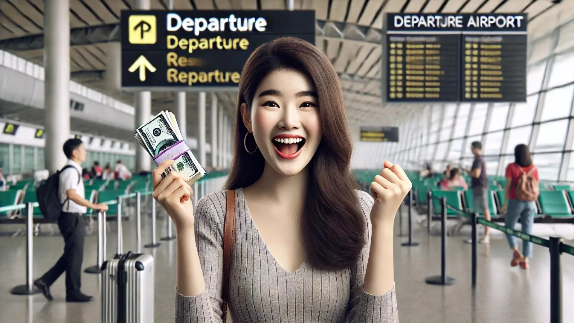 Attractive, excited Asian woman in an airport. She has her hands in the air, holding a fist full of money, with a big smile
