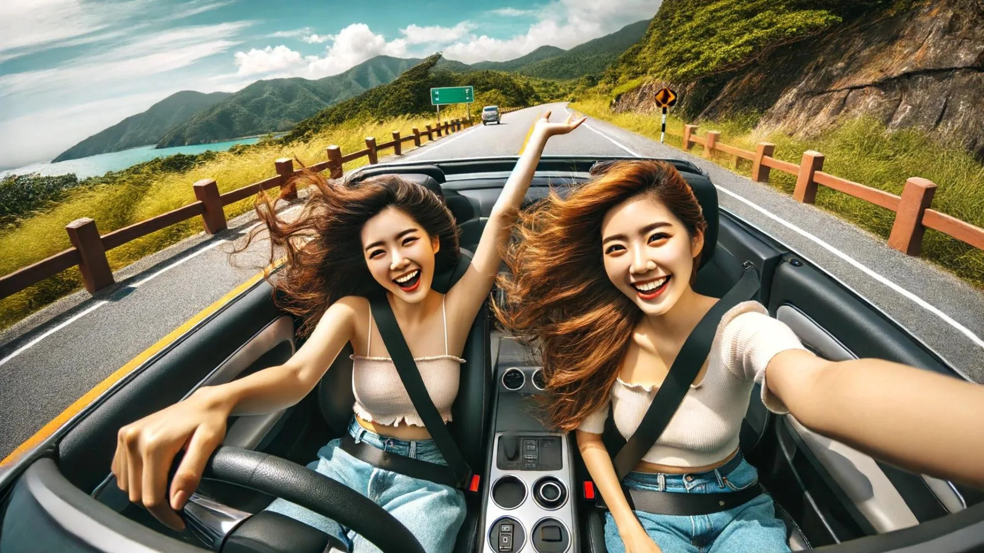 A wide angle image of two Asian women in a convertible car on a road trip, with their hair blowing in the wind