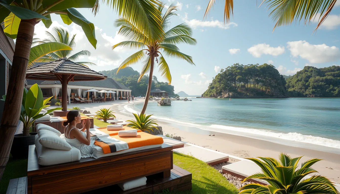 An image of a serene exotic wellness retreat set in a lush tropical environment with tranquil spa treatment