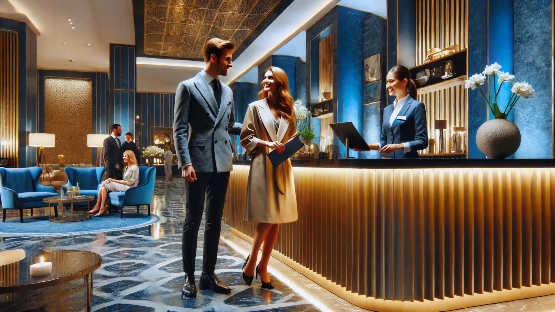 couple checking in at the front desk of a modern luxury hotel, with the decor featuring blues and golds. The couple is dressed elegantly