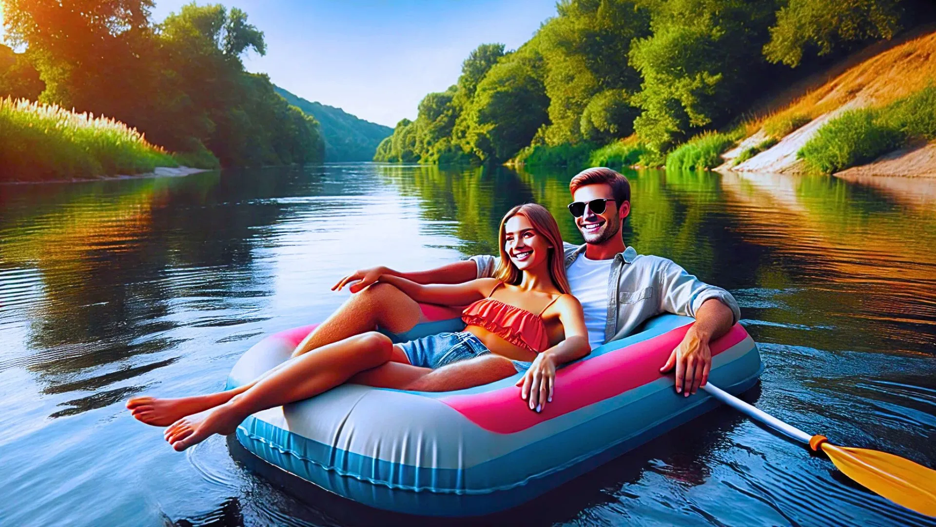 couple on vacation, floating in a large inflatable raft on a calm river. The raft is spacious and colorful, giving them plenty of room to relax.