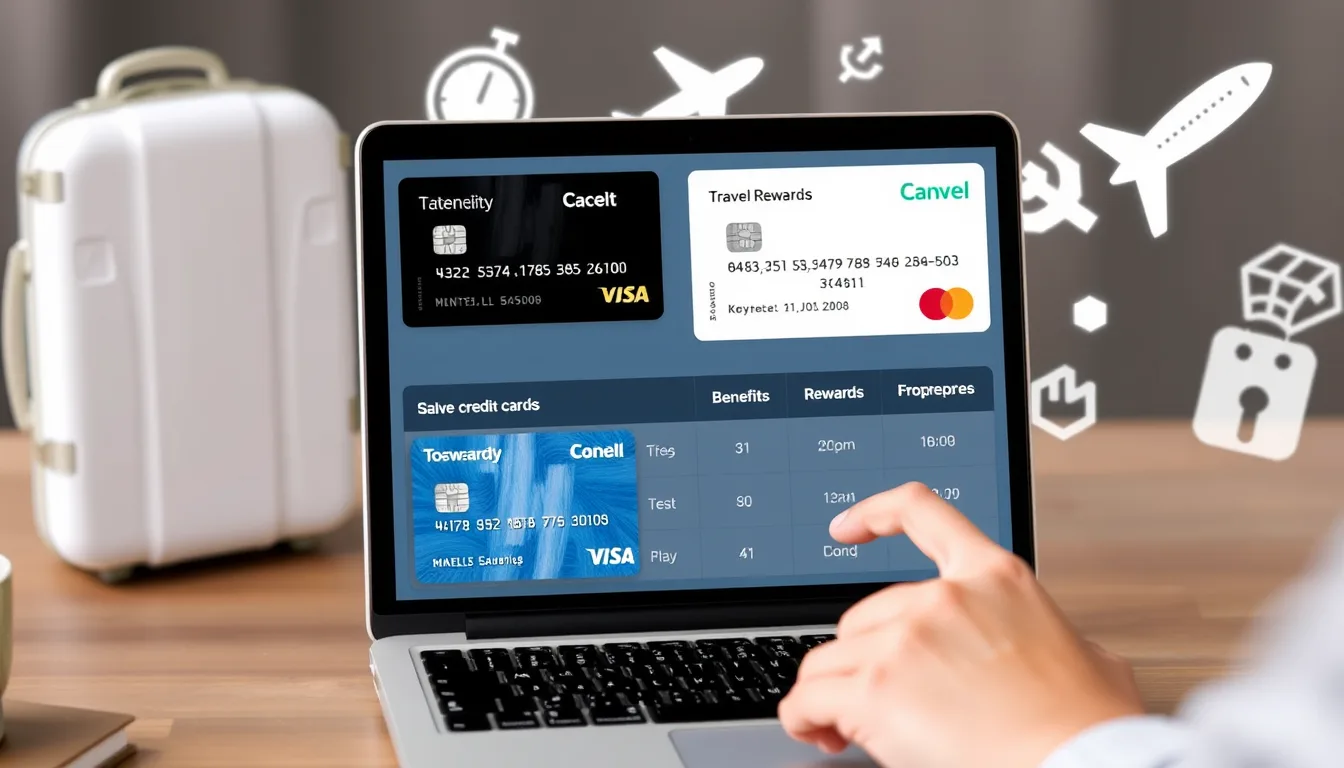 image of a person reviewing travel credit cards comparing benefits and rewards on a laptop