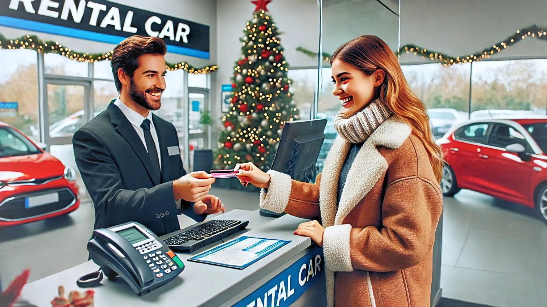 woman inside a rental car office, interacting with an agent behind the counter. The woman is smiling as she hands her identification or credit card