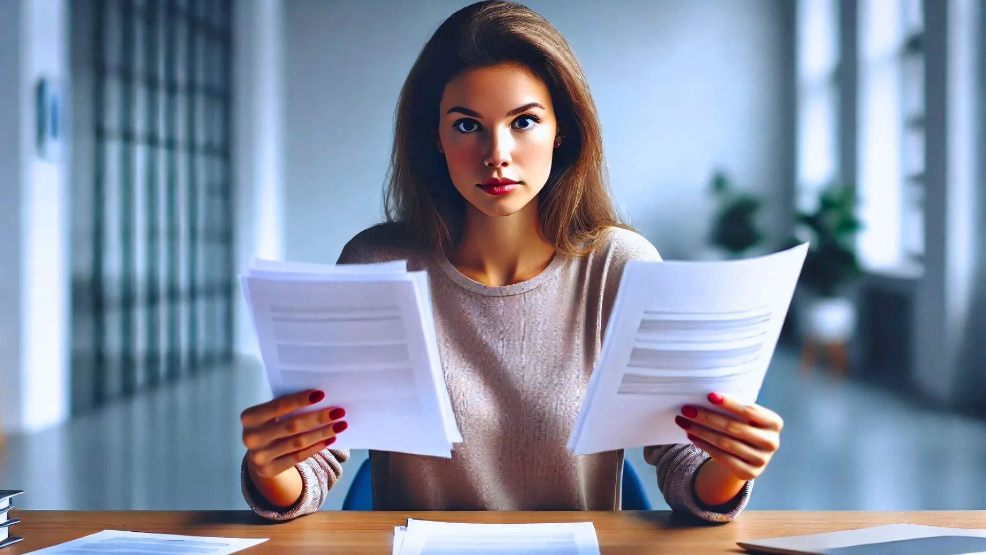 woman sitting at a table, holding two papers in front of her with a confused expression. She looks between the papers in each