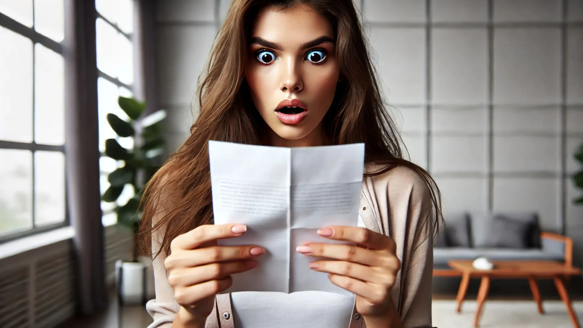 woman with a shocked expression on her face, holding a piece of paper close to her. She looks directly at the paper in disbelief
