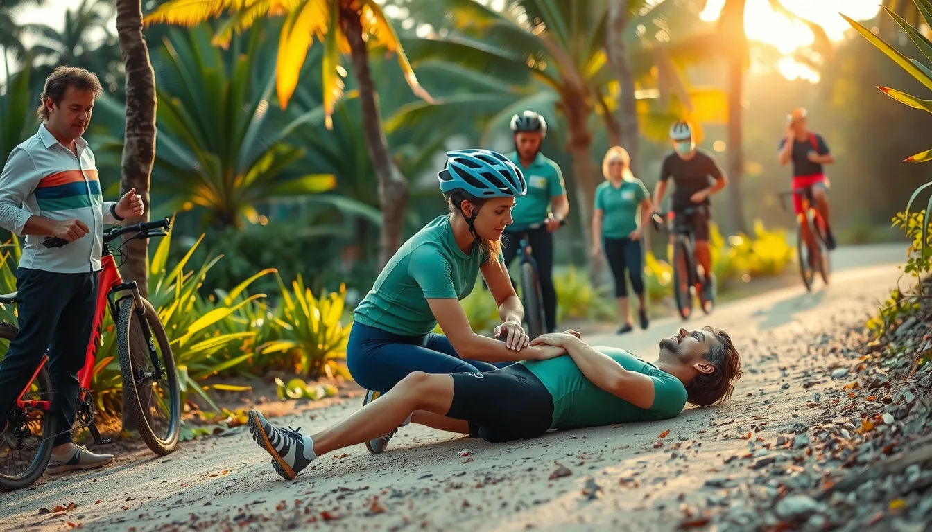 A cyclist lying on the ground in a tropical setting holding his bruised leg in pain