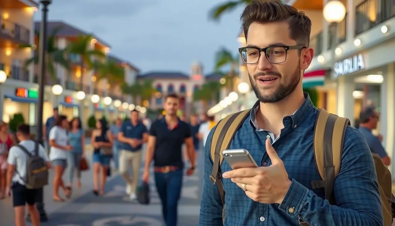 an image of a man traveling solo walking confidently through a vibrant yet safe city or resort destination