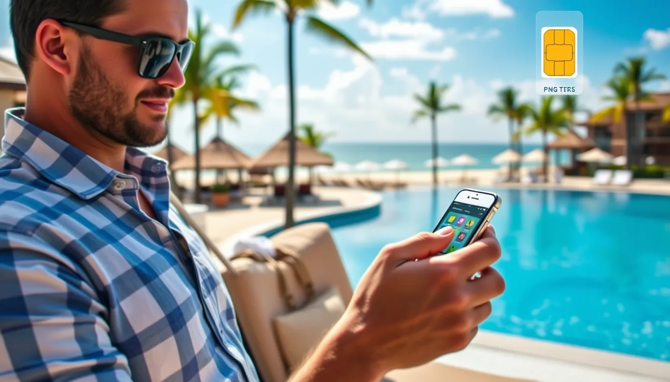 A traveler at a resort using a smartphone to check maps and local activities with a focus on mobile